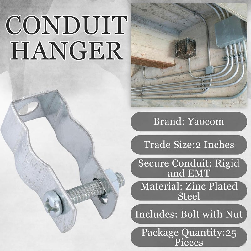 Yaocom 25 Pcs Zinc Plated Steel EMT Conduit Hanger with Bolt Ideal for Rigid and EMT Conduit Mounting to Surfaces, Insulated Supports or Threaded Rods, Furnished with Nut and Bolt (1/ 2 Inch) - Image 2